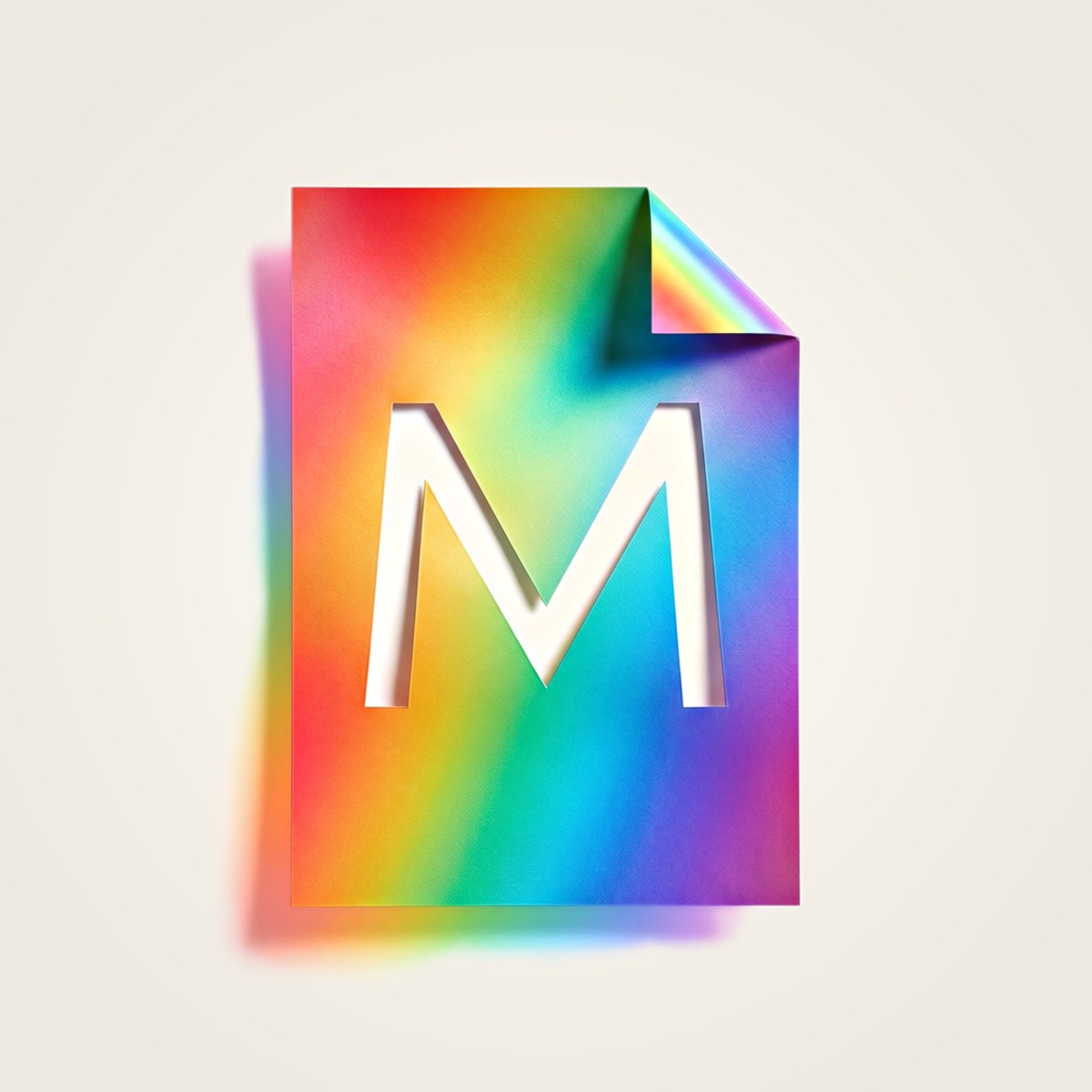 The Memento mark: a sheet of rainbow paper with its corner folded down and a letter M cut through it, on ivory.